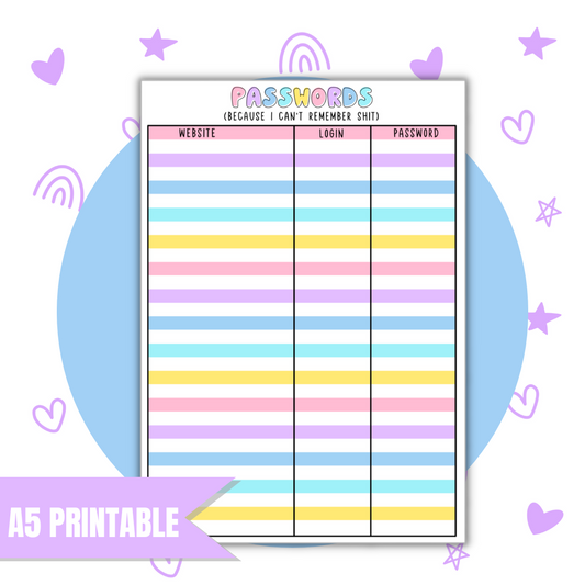 A5 Passwords | Full Page Digital Sticker |