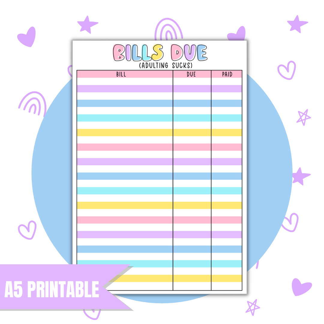 A5 Bills Due | Full Page Digital Sticker |